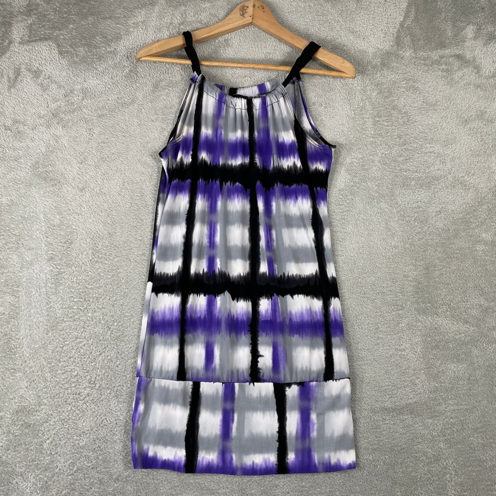 Vanity Mini Dress Womens Medium Purple‎ Plaid Tie Dye Halter Neck Y2K Retro Rave